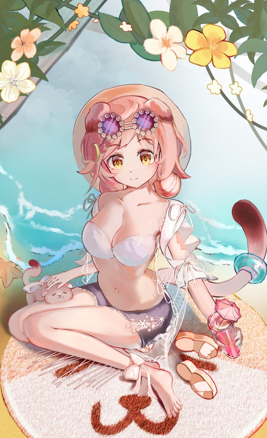 1girl absurdres animal_ears arknights beach bikini blue_shorts breasts cat cat_ears cat_girl cat_tail cleavage cocktail_umbrella collarbone commentary_request drink eyewear_on_head flying_burrito_cat food-themed_hair_ornament goldenglow_(arknights) goldenglow_(summer_flowers)_(arknights) hair_ornament highres holding holding_drink large_breasts long_hair looking_at_viewer navel official_alternate_costume outdoors petting purple-tinted_eyewear sand sandals shorts sitting smile solo split_mouth stomach sunglasses swimsuit tail tail_ornament tail_ring tinted_eyewear unworn_sandals water watermelon_hair_ornament white_bikini yellow_eyes