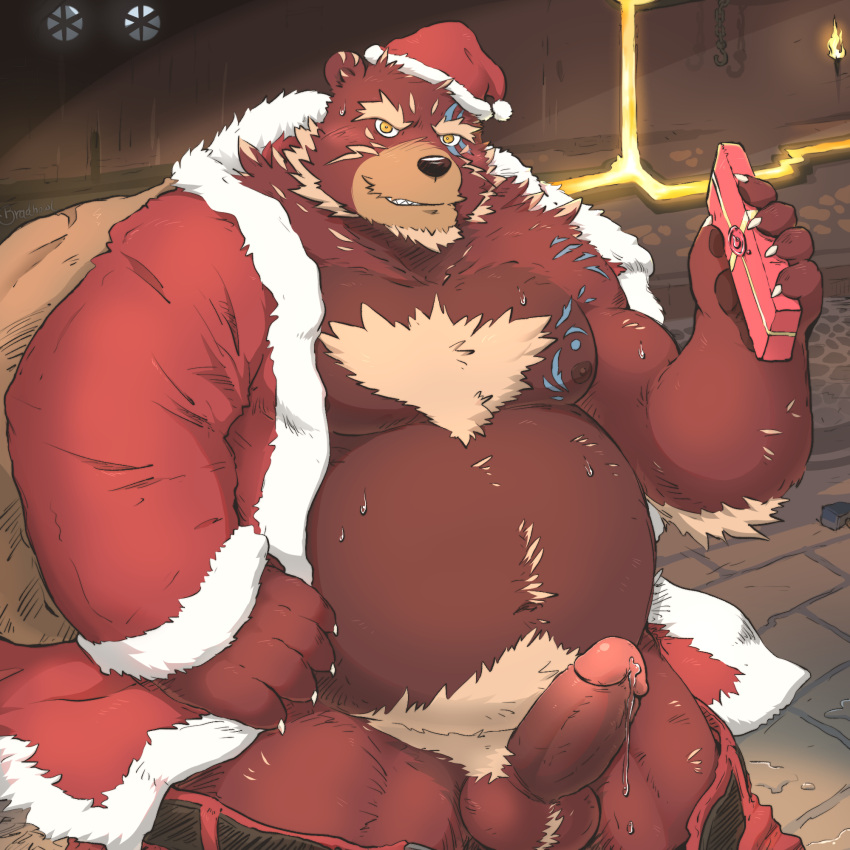 2023 anthro balls bear belly big_belly black_nose bottomwear bottomwear_down christmas christmas_clothing christmas_headwear clothed clothing detailed_background erection genitals gift hat headgear headwear hi_res holidays humanoid_hands kemono male mammal moobs mtflying30371 nipples overweight overweight_male pants pants_down partially_clothed penis santa_claus santa_hat solo