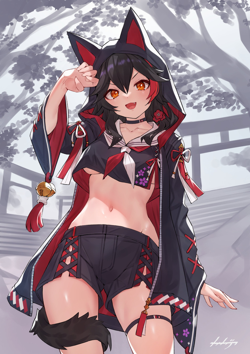 1girl absurdres animal_ears arpeggio_kaga black_hair black_jacket black_shorts blush breasts crop_top highres hololive jacket looking_at_viewer medium_breasts multicolored_hair official_alternate_costume ookami_mio ookami_mio_(another_ookami_mio) red_hair shorts smile solo streaked_hair underboob virtual_youtuber wolf wolf_ears wolf_girl