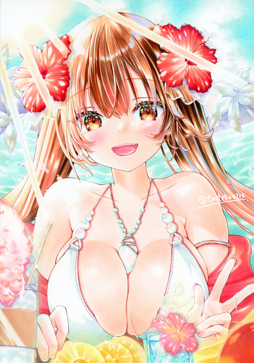 1girl :d absurdres armlet blush breasts brown_eyes brown_hair cleavage collarbone dot_nose flower food fruit gem glass head_tilt hibiscus highres jewelry large_breasts long_hair looking_at_viewer marker_(medium) necklace ocean open_mouth original palm_tree pearl_(gemstone) pineapple pineapple_slice shiny_skin signature smile solo summer tentekomai traditional_media tree twintails upper_body white_swimsuit