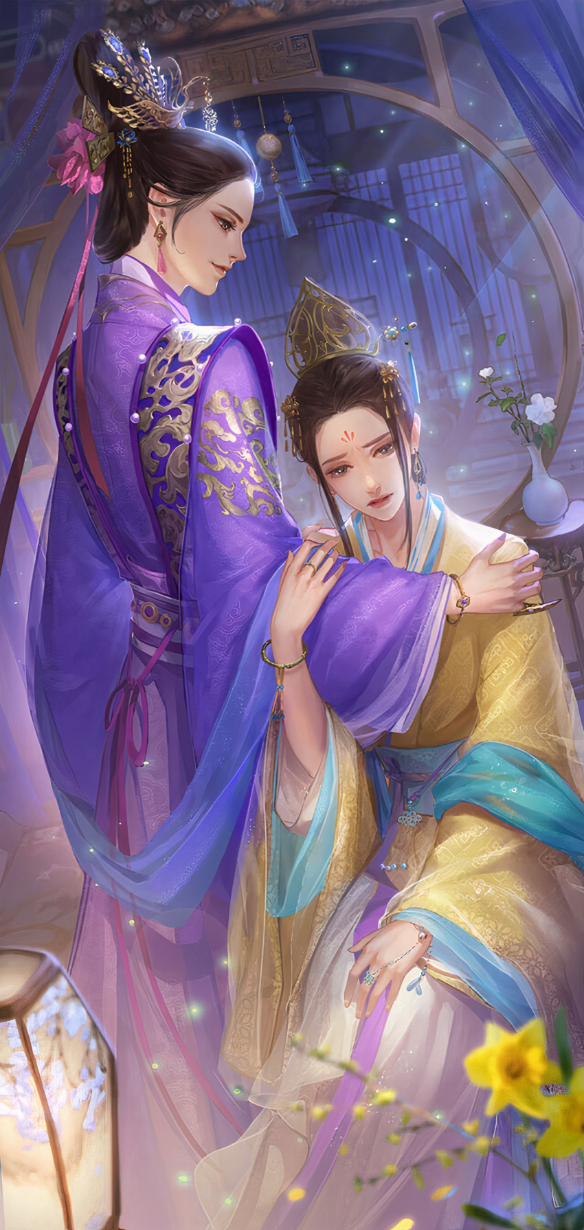 2girls absurdres black_hair bracelet chinese_clothes earrings facial_mark flower forehead_mark hair_ornament headdress highres jewelry legend_of_the_phoenix multiple_girls official_art plant potted_plant ring smile tassel third-party_source
