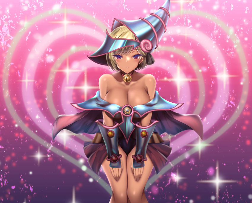 1girl akina_t bell blonde_hair blue_headwear blush breasts cleavage cosplay dark-skinned_female dark_magician_girl dark_magician_girl_(cosplay) dark_skin dress hands_on_own_thighs hat heart highres jingle_bell large_breasts looking_at_viewer low_neckline neck_bell off-shoulder_dress off_shoulder original pink_eyes short_hair smile solo vambraces wizard_hat yu-gi-oh!