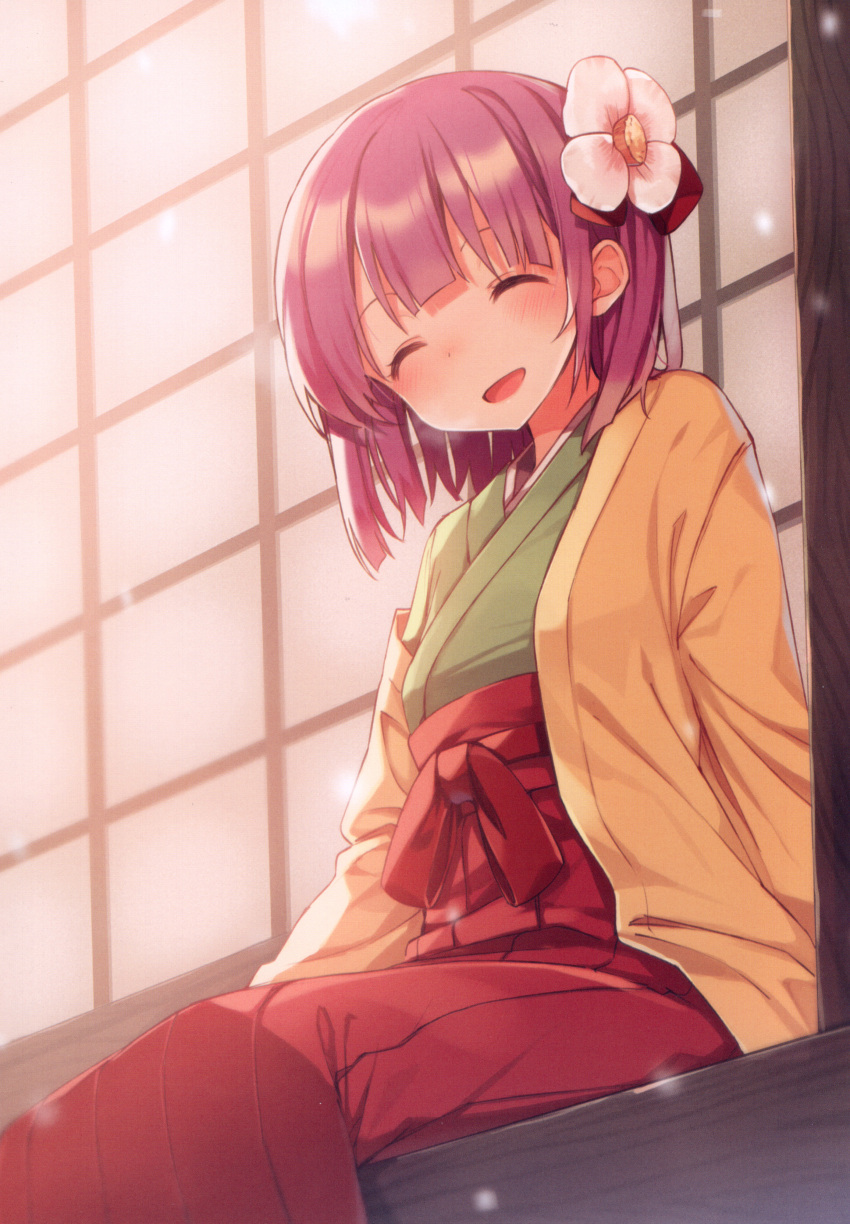 1girl absurdres belt blush bow closed_eyes door flower green_shirt hair_bow hair_flower hair_ornament hieda_no_akyuu highres japanese_clothes long_sleeves open_clothes open_mouth open_robe orange_robe purple_hair red_belt red_bow red_skirt robe shirt shnva short_hair sitting skirt smile solo touhou white_flower wide_sleeves