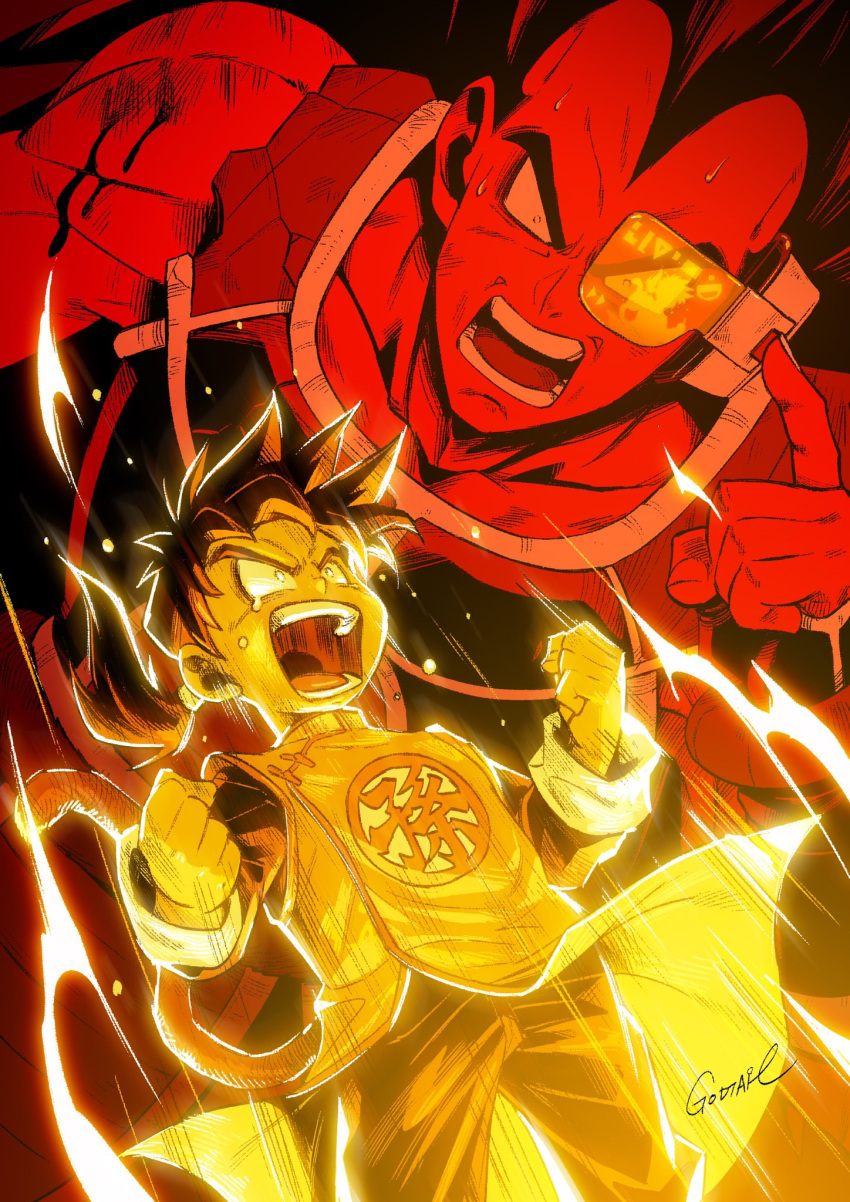 2boys angry armor artist_name aura black_hair black_pants blood broken_armor chinese_clothes clenched_hand collarbone dragon_ball dragon_ball_z floating_clothes godtail_t highres injury limited_palette long_hair long_sleeves male_focus monkey_tail multiple_boys nervous_sweating open_mouth pants ponytail powering_up raditz saiyan saiyan_armor scouter shouting son_gohan spiked_hair sweat tail tears teeth widow's_peak