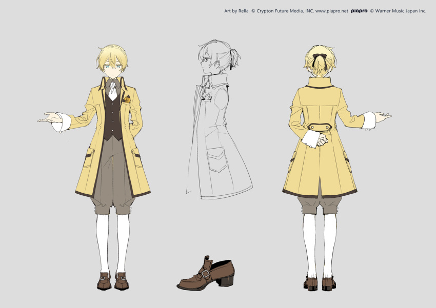 1boy ahoge aku_no_meshitsukai_(vocaloid) allen_avadonia aqua_eyes arm_behind_back ascot back blonde_hair brown_footwear brown_pants brown_ribbon brown_shirt buttons collared_jacket collared_shirt concept_art flower flower_in_pocket hair_between_eyes hair_ribbon high_collar jacket kagamine_len miku_symphony_(vocaloid) multiple_views official_art outstretched_arm pants profile reference_sheet rella ribbon rose shirt shoe_belt shoes short_ponytail socks solo vocaloid white_ascot white_socks white_wrist_cuffs yellow_flower yellow_jacket yellow_rose