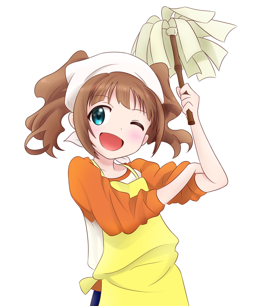 1girl absurdres apron artist_request bangs blush brown_hair feather_duster green_eyes grin headscarf idolmaster looking_at_viewer one_eye_closed open_mouth orange_shirt smile takatsuki_yayoi twintails wink