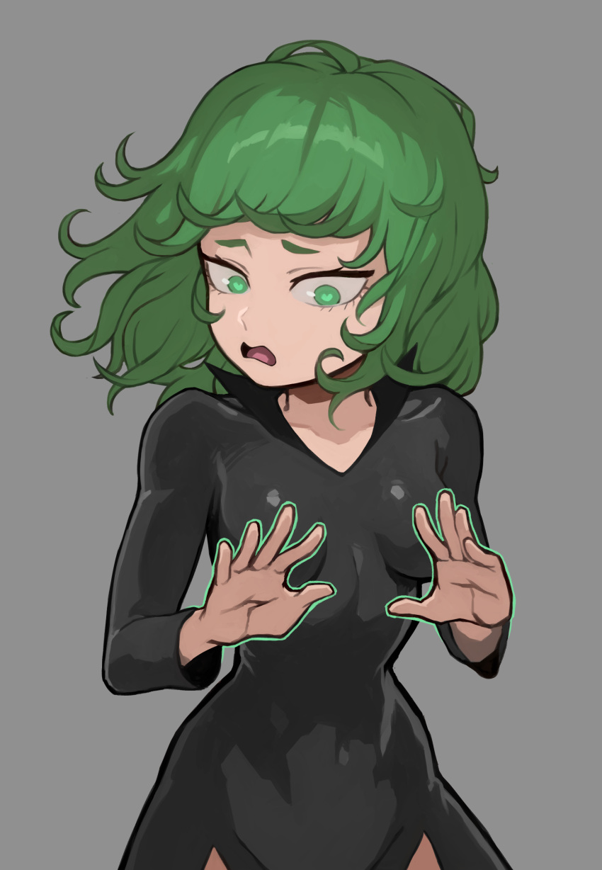 1girl black_dress breasts collarbone cowboy_shot d: dress green_eyes green_hair grey_background highres long_sleeves looking_down medium_hair mogglebear one-punch_man open_mouth simple_background small_breasts solo tatsumaki