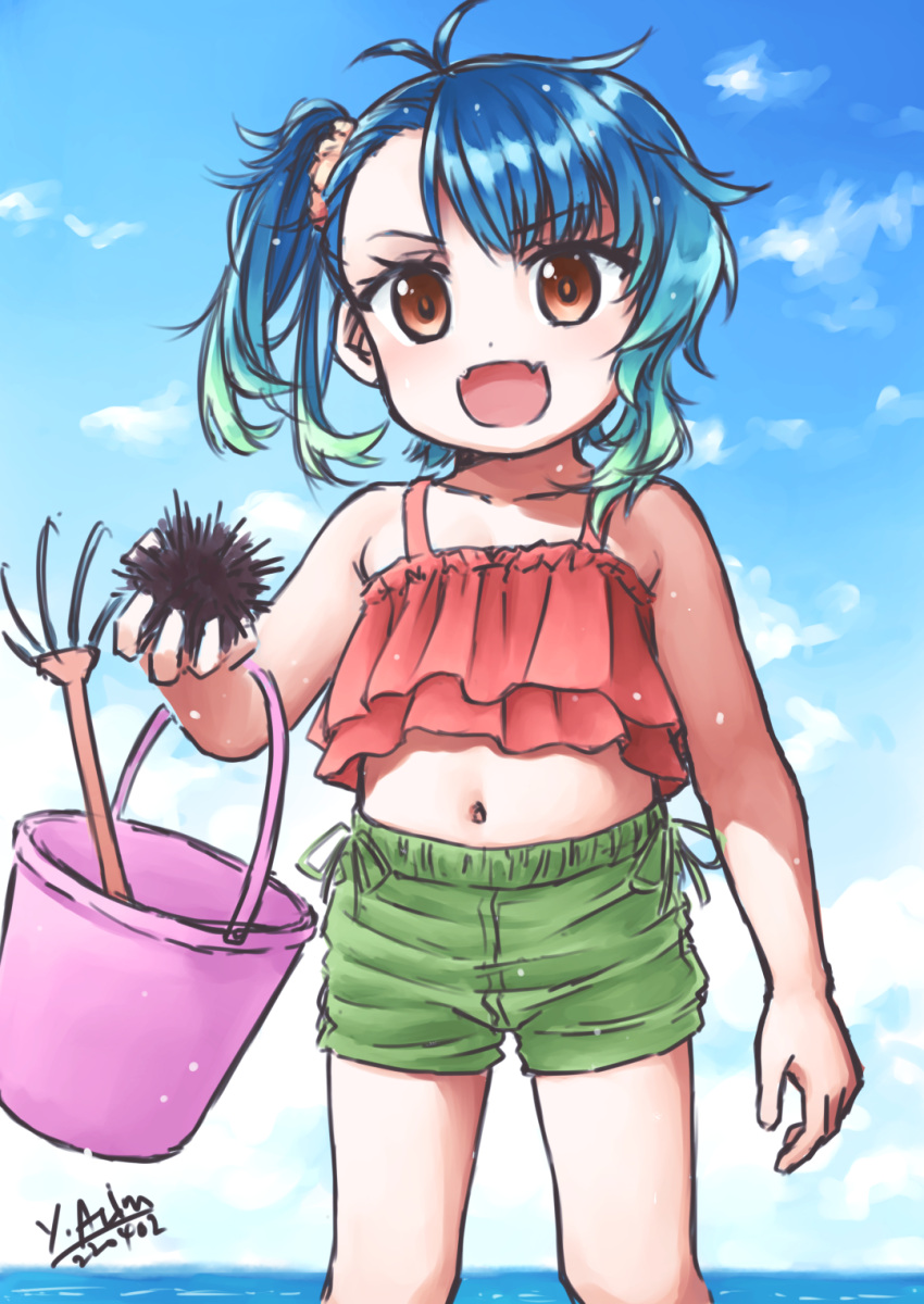 1girl alternate_costume arimura_yuu asymmetrical_bangs blue_hair blue_sky brown_eyes bucket cloud crop_top day fangs feet_out_of_frame fukae_(kancolle) gradient_hair green_shorts highres holding horizon kantai_collection multicolored_hair navel ocean open_mouth outdoors rake red_shirt sea_urchin shirt short_hair shorts side_ponytail sky sleeveless sleeveless_shirt smile solo water wavy_hair