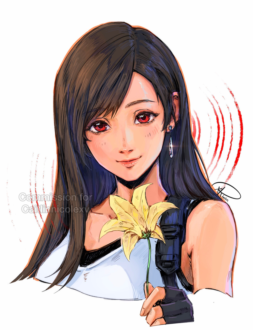 1girl absurdres bare_shoulders black_gloves black_hair black_sports_bra closed_mouth collarbone commentary commission cropped_torso earrings final_fantasy final_fantasy_vii final_fantasy_vii_remake fingerless_gloves flower glint gloves highres holding holding_flower jewelry long_hair looking_at_viewer red_eyes signature single_earring smile solo sports_bra suspenders swept_bangs tank_top teardrop_earrings tifa_lockhart upper_body watermark white_tank_top xriviia yellow_flower
