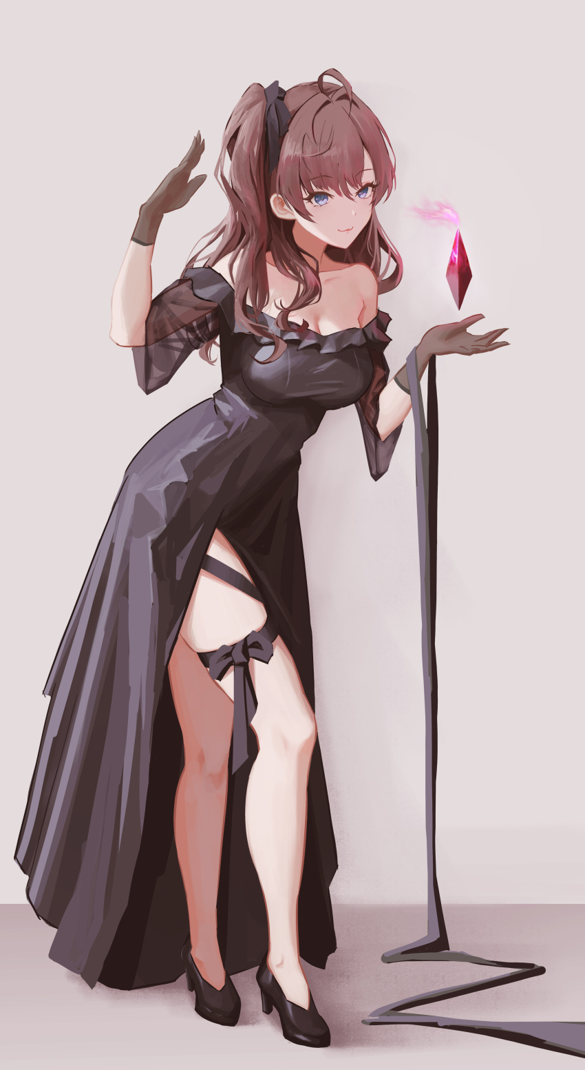 1girl :3 absurdres ahoge black_dress black_footwear black_gloves black_ribbon blue_eyes breasts brown_hair cleavage collarbone commentary_request dress floating gem gloves hand_up high_heels highres ichinose_shiki idolmaster idolmaster_cinderella_girls leg_ribbon long_hair looking_at_object medium_breasts off-shoulder_dress off_shoulder one_side_up qingli_ye red_gemstone ribbon see-through see-through_sleeves short_sleeves simple_background smile thigh_ribbon wavy_hair