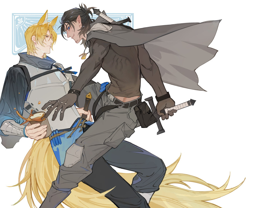 2boys animal_ears arknights black_hair blonde_hair cape chinese_commentary commentary_request cup dog_tags hand_on_weapon highres holding holding_cup holding_sword holding_weapon horse_boy horse_ears horse_tail male_focus mlynar_(arknights) multiple_boys muscular muscular_male ncww_rinichi pointy_ears spill sword tail toland_(arknights) weapon