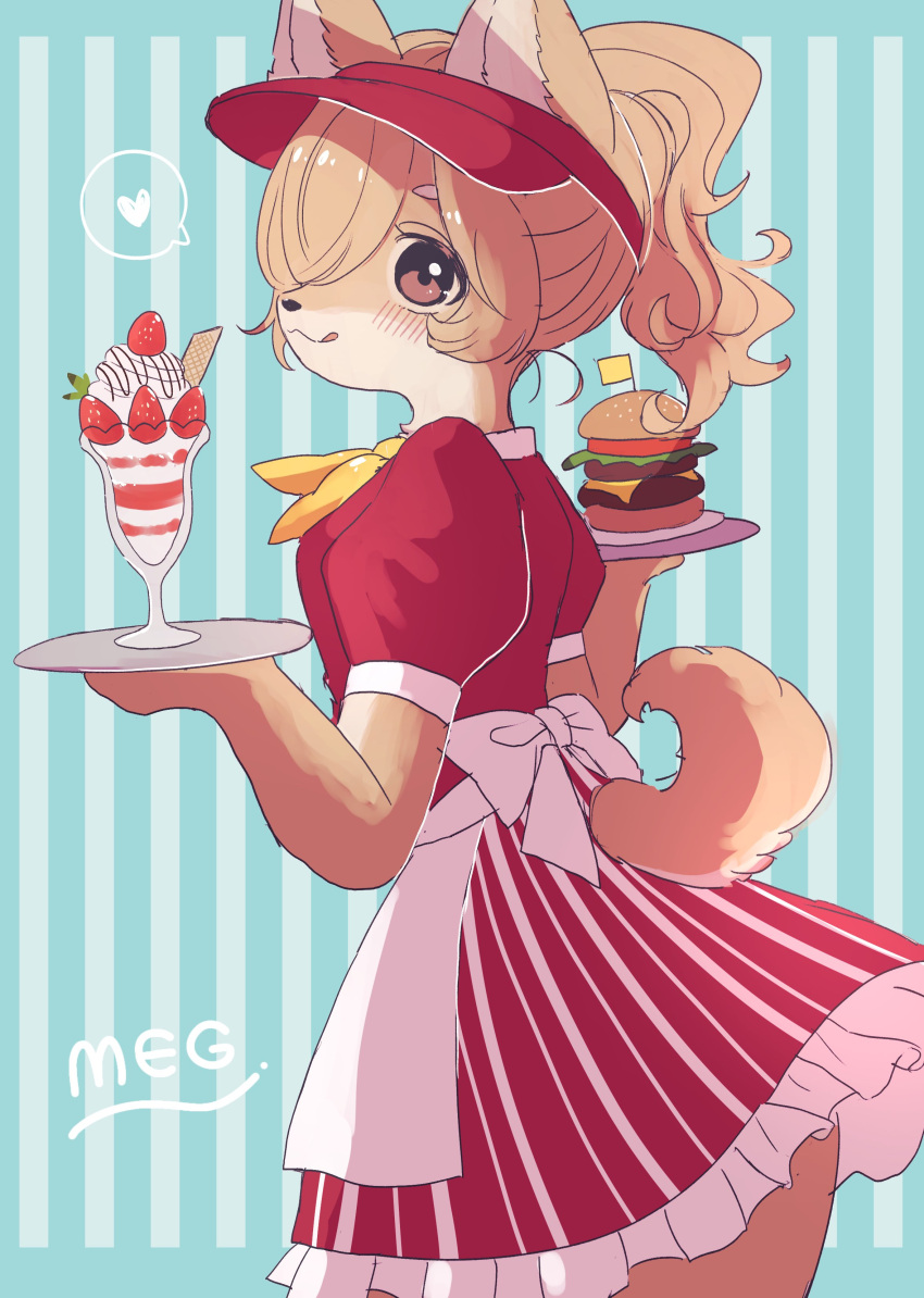 &lt;3 115meg abstract_background absurd_res anthro apron artist_name biped blue_background blush brown_eyes burger canid canine canis clothing clothing_bow countershading curled_tail domestic_dog dress female food frilly frilly_clothing fruit fur hair hat headgear headwear hi_res holding_food holding_object holding_tray kerchief licking licking_lips looking_at_viewer mammal one_eye_obstructed parfait_(dessert) plant sandwich_(food) serving_tray shiba_inu simple_background solo spitz standing strawberry tail tan_body tan_fur tan_hair text tongue tongue_out visor_cap waiter waitress_uniform