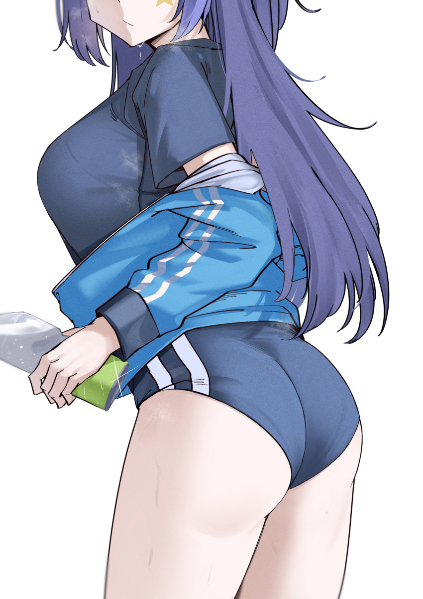 1girl ass black_buruma black_shirt blue_archive blue_jacket bottle breasts buruma cliov closed_mouth commentary cowboy_shot english_commentary facial_mark head_out_of_frame highres holding holding_bottle jacket large_breasts long_hair long_sleeves official_alternate_costume open_clothes open_jacket purple_hair shirt short_sleeves simple_background solo star_(symbol) sweat thighs white_background yuuka_(blue_archive) yuuka_(track)_(blue_archive)