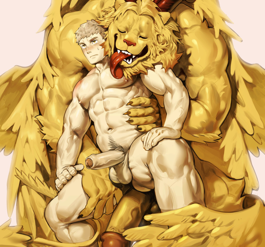 2boys abs absurdres bara blonde_hair claws closed_eyes commentary completely_nude demon_horns dungeon_meshi english_commentary erection furry hand_on_own_leg highres holding horns hug hug_from_behind huge_penis laios_thorden licking light_blush lion multiple_boys muscular muscular_male nude penis penis_size_difference size_difference sweat uza_(hellme) white_background winged_lion_(dungeon_meshi) yaoi yellow_eyes