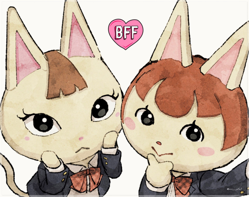 2girls :&gt; :&lt; animal_crossing arm_up artist_name black_eyes black_jacket blush blush_stickers border bow bowtie brown_hair cat_girl closed_mouth collared_shirt commentary_request dress_shirt eyelashes felicity_(animal_crossing) furry furry_female hand_on_own_chin hand_up hands_on_own_cheeks hands_on_own_face hands_up heart highres jacket kaji_(oni_atat) lapels long_sleeves looking_at_viewer merry_(animal_crossing) multiple_girls open_clothes open_jacket plaid plaid_bow plaid_bowtie red_bow red_bowtie school_uniform selfie shirt short_hair simple_background smile transparent_border twitter_username white_background white_shirt wing_collar