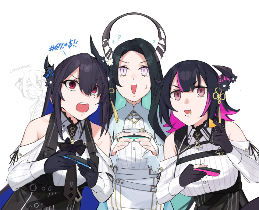 4girls aradia_ravencroft asymmetrical_horns black_hair blue_hair breasts colored_inner_hair controller dasdokter demon_horns english_text game_controller highres hololive hololive_english horns joy-con large_breasts long_hair malpha_ravencroft mamarissa mole mole_under_eye multicolored_hair multiple_girls nerissa_ravencroft nintendo_switch pink_hair playing_games profanity red_eyes revision short_hair siblings sisters two-tone_hair uneven_horns video_game virtual_youtuber