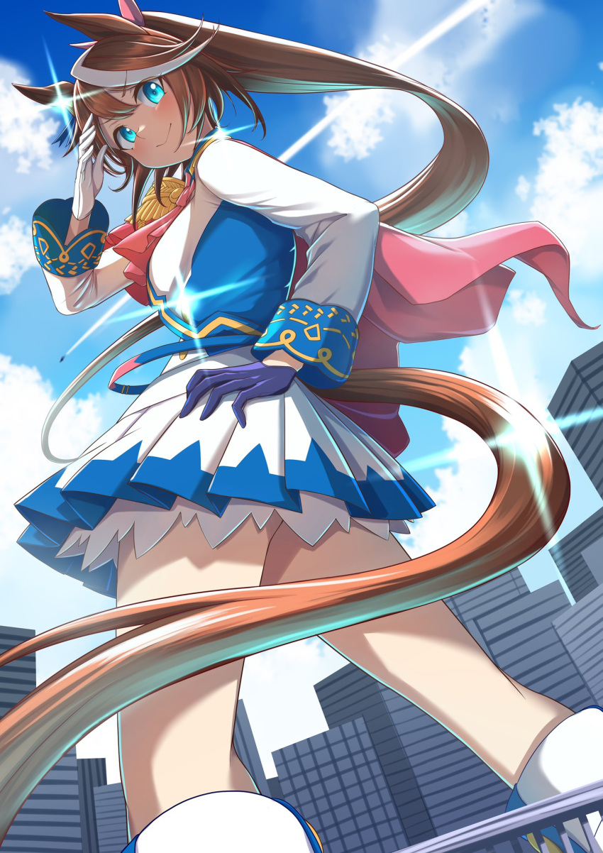1girl animal_ears ascot black_gloves blue_eyes blue_sky brown_hair building city cloud commentary_request commission giant giantess gloves half_gloves highres horse_ears horse_girl horse_tail long_hair long_sleeves looking_at_viewer multicolored_hair pink_ascot ponytail same_kujira_(challenger_310) skeb_commission sky smile solo streaked_hair tail tokai_teio_(umamusume) two-tone_hair umamusume white_hair