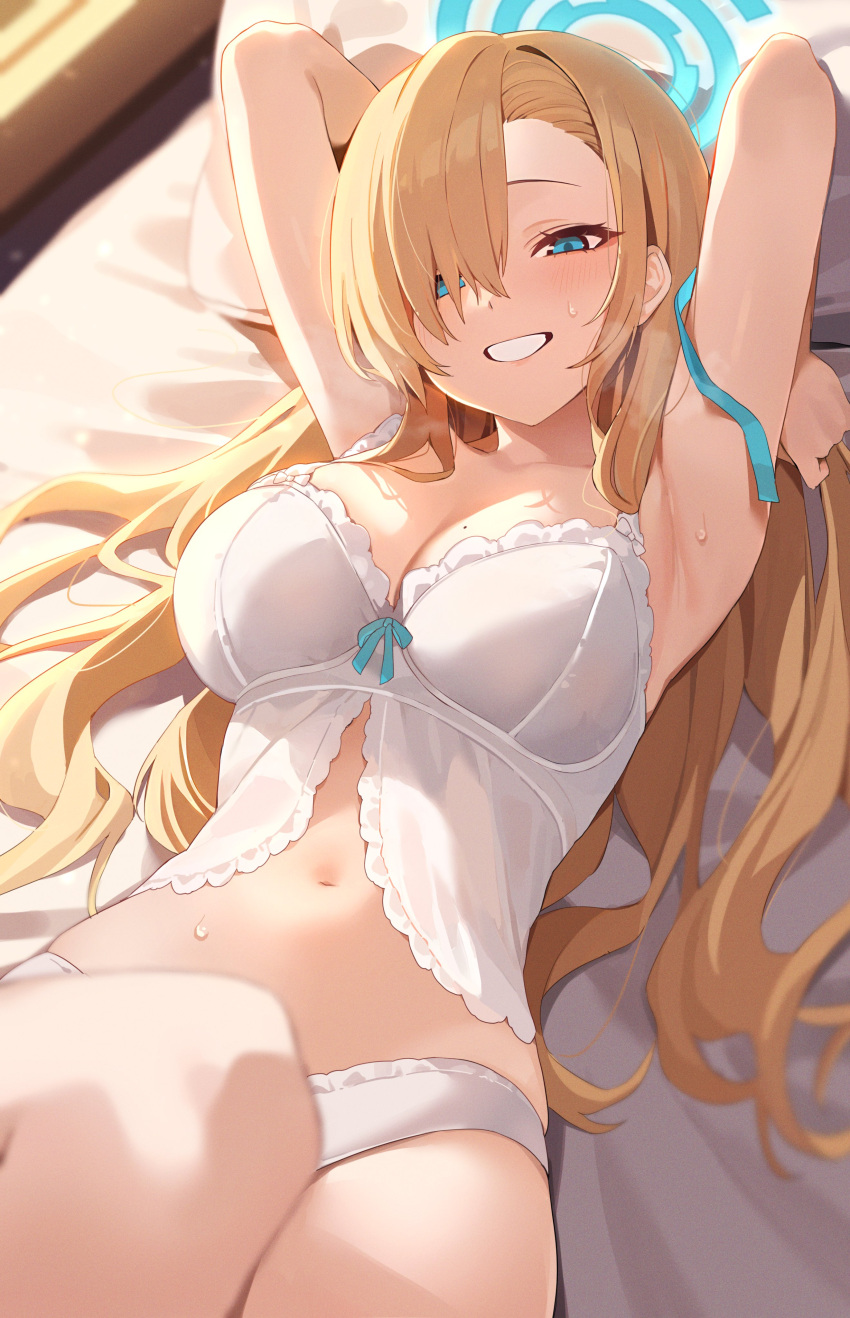 1girl absurdres armpits asuna_(blue_archive) bed bed_sheet blue_archive blue_eyes blue_halo blush bra breasts collarbone grin hair_over_one_eye halo highres indoors kithera large_breasts light_brown_hair long_hair looking_at_viewer mole mole_on_breast navel panties pillow smile solo sweat underwear white_bra white_panties