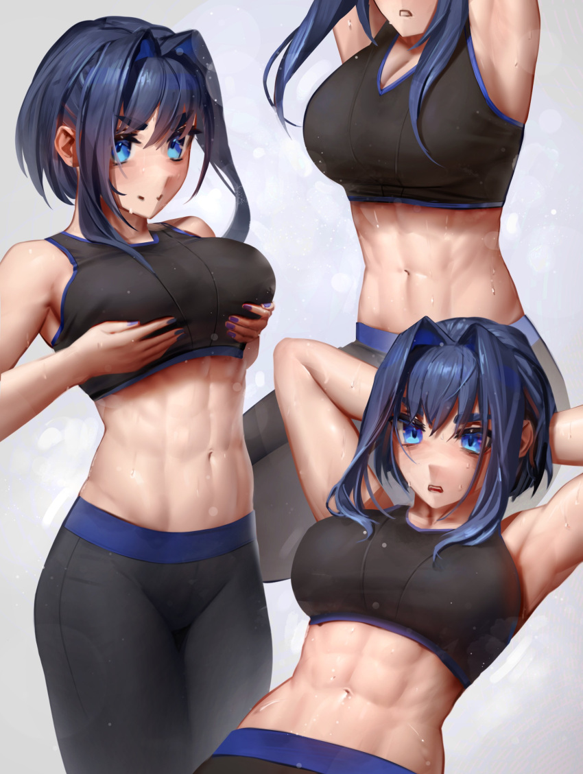 1girl abs absurdres alternate_costume armpits arms_behind_head bare_shoulders black_pants black_sports_bra blue_eyes blue_hair blue_nails blue_trim blurry bokeh breast_lift breasts cleavage closed_mouth commentary crop_top depth_of_field english_commentary exercise fingernails grey_background groin hair_between_eyes hair_intakes hands_on_own_breasts hands_on_own_chest highres hololive hololive_english long_bangs medium_breasts midriff nail_polish navel numanoan ouro_kronii pants parted_lips short_hair sit-up sleeveless smile sports_bra steaming_body sweat teeth thick_eyebrows toned upper_teeth_only variations virtual_youtuber yoga_pants