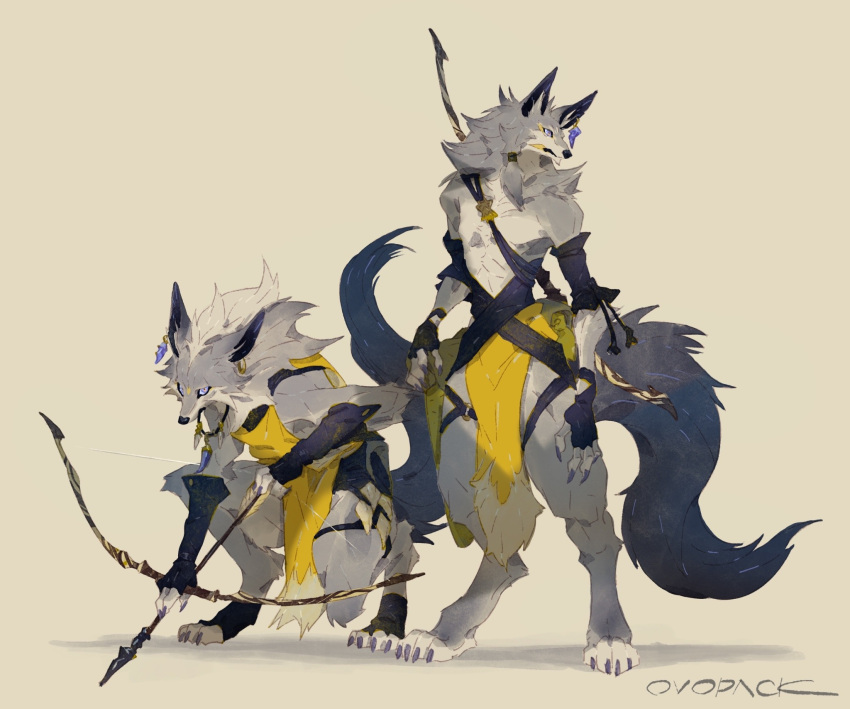 1boy 1girl androgynous animal_ears arrow_(projectile) artist_name asymmetrical_gloves barefoot black_gloves blue_gloves body_fur bow_(weapon) claws commentary detached_sleeves digitigrade drawing_bow earrings elbow_gloves fewer_digits fingerless_gloves full_body furry furry_female furry_male gloves grey_fur highres holding holding_bow_(weapon) holding_weapon jewelry looking_at_viewer looking_to_the_side mismatched_gloves murayama_ryouta original pelvic_curtain pendant purple_eyes shirt signature simple_background single_earring squatting standing tail thigh_strap weapon weapon_on_back wolf_boy wolf_ears wolf_girl wolf_tail yellow_background yellow_shirt