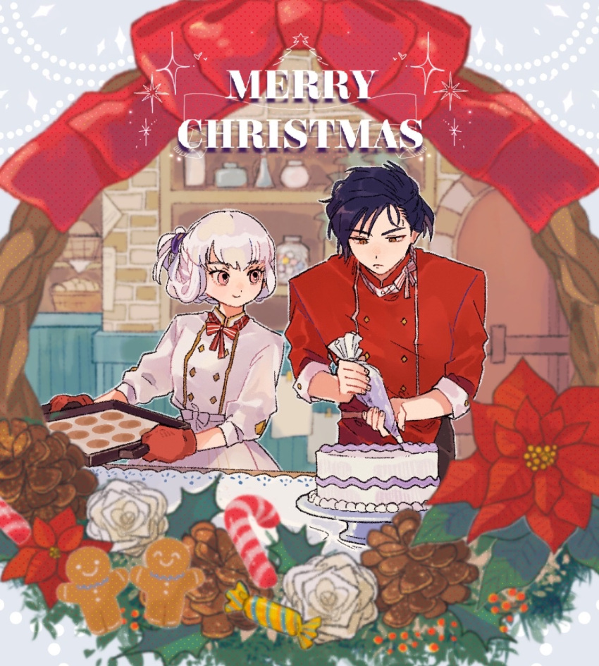 1boy 1girl alternate_hairstyle baking baking_sheet blue_hair cake christmas felix_hugo_fraldarius fire_emblem fire_emblem:_three_houses food highres icing lysithea_von_ordelia merry_christmas ohima17 white_hair