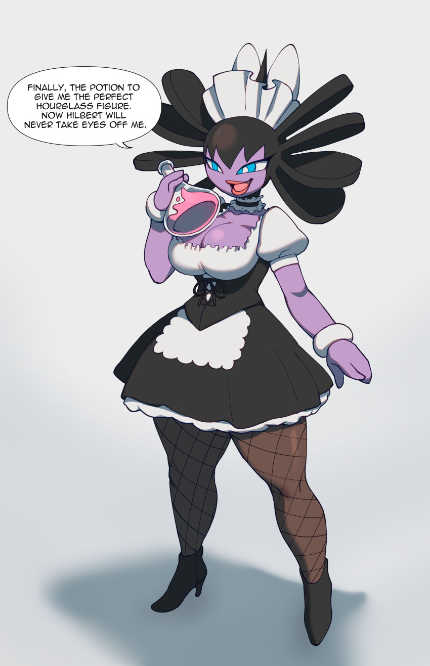 absurd_res anthro breasts cleavage clothed clothing female generation_5_pokemon gothitelle hi_res legwear maid_uniform mralguienynadie nintendo pantyhose pokemon pokemon_(species) potion purple_body purple_skin simple_background solo uniform white_background