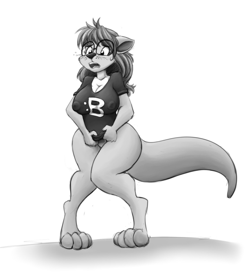 2016 big_breasts bottomless breasts clothed clothing eyewear featureless_crotch female glasses hair long_hair mammal monochrome mustelid nipple_bulge open_mouth otter post_transformation shirt simple_background solo standing surprise tgwonder white_background