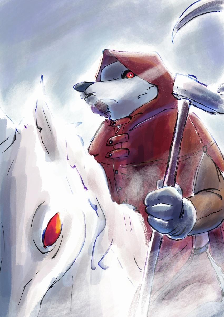 absurd_res ambiguous_gender anthro blade_arm canid canine canis cloak clothing coat death_(puss_in_boots) dreamworks duo equid equine feral fluffy fog foggy fur hair hi_res holding_object holding_weapon hood hood_up horse male mammal melee_weapon polearm prick_ears pupils puss_in_boots_(dreamworks) red_clothing red_eyes riding_on_back sickle staff topwear ultimatellurker weapon white_body white_fur white_pupils wind winter wolf