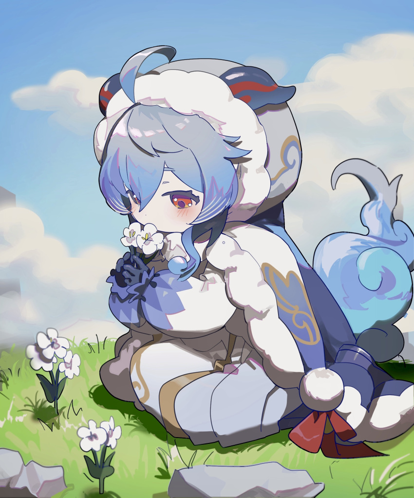 1girl aged_down ahoge bell black_gloves blue_hair blue_sky blush cape child cowbell eating fur-trimmed_cape fur-trimmed_headwear fur-trimmed_hood fur_trim ganyu_(child)_(genshin_impact) ganyu_(genshin_impact) genshin_impact gloves goat_horns hair_between_eyes highres hood horns mirae official_alternate_costume qingxin_flower seiza sidelocks sitting sky solo tail winter_clothes