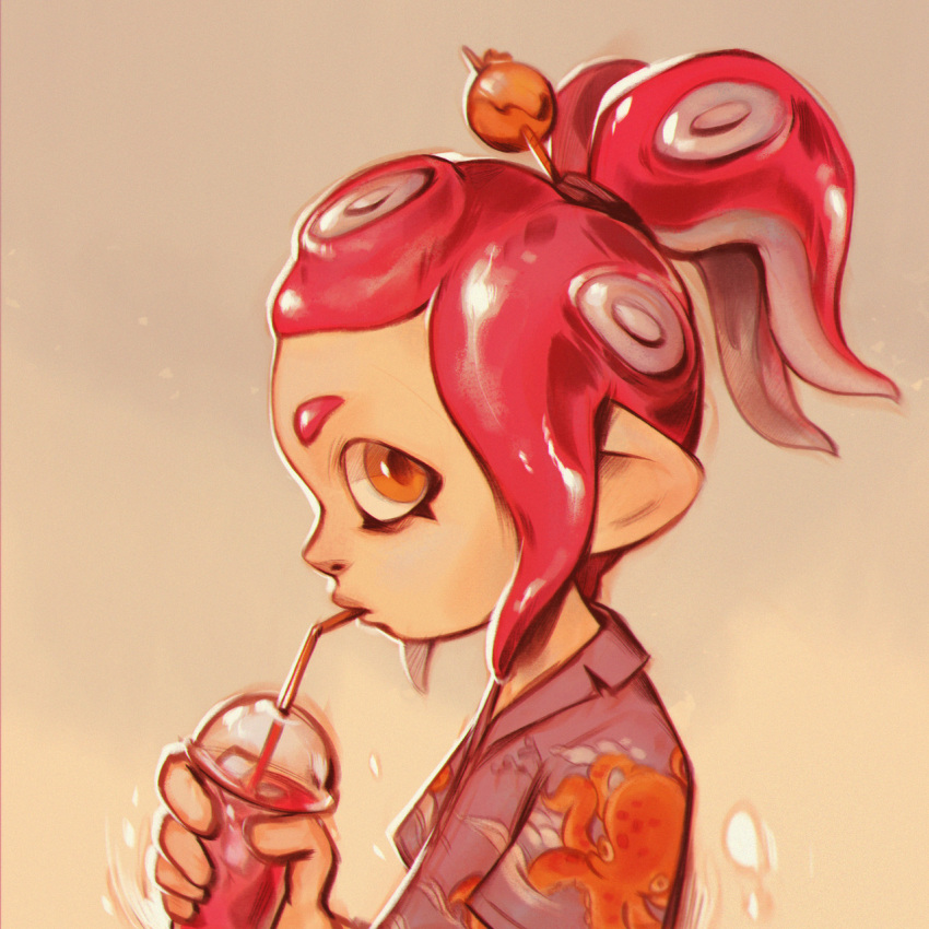 1girl brown_eyes commentary cup drinking drinking_straw drinking_straw_in_mouth english_commentary from_side grey_background hawaiian_shirt highres holding holding_cup looking_at_viewer octoling octoling_girl octopus_print pink_hair ponytail profile shirt smoothie solo splatoon_(series) sprouteeh suction_cups tentacle_hair upper_body