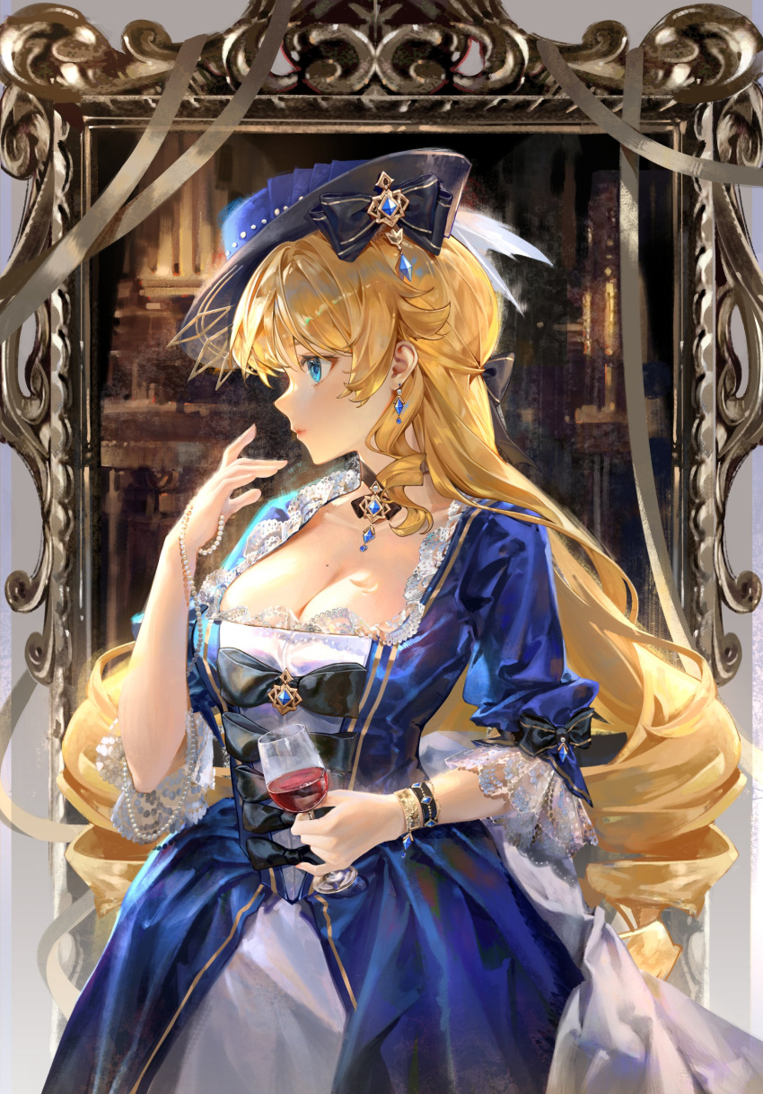 1girl absurdres alternate_costume aristocratic_clothes arrrrrry1 black_bow blonde_hair blue_dress blue_gemstone blue_headwear bow bracelet breasts brooch cleavage collarbone cup dress drill_hair drill_sidelocks drop_earrings earrings frilled_dress frills gem genshin_impact hair_bow hand_up hat_ornament highres holding holding_cup holding_jewelry jewelry large_breasts lips long_hair looking_ahead looking_to_the_side mole mole_on_breast navia_(genshin_impact) painting_(object) picture_frame profile sidelocks solo