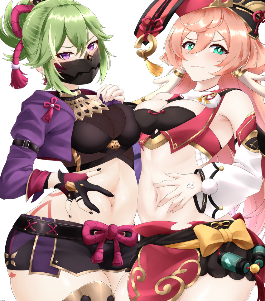 2girls :3 absurdres antlers arm_belt armpit_crease asymmetrical_docking bare_shoulders black_bloomers black_bra black_gloves black_mask black_nails bloomers blush body_markings bow bra breast_press breasts cleavage closed_mouth covered_mouth cowboy_shot crop_top cropped_jacket detached_sleeves english_commentary fishnet_top fishnets genshin_impact gloves green_eyes green_hair hair_between_eyes hair_ornament hat highres horns jacket kuki_shinobu long_hair long_sleeves looking_at_viewer mask medium_breasts mee_don midriff mouth_mask multiple_girls navel ninja_mask open_clothes open_jacket partially_fingerless_gloves pelvic_curtain pink_hair pom_pom_(clothes) ponytail purple_eyes purple_jacket purple_rope purple_shorts red_headwear red_vest rope scales see-through see-through_cleavage shimenawa short_shorts shorts sidelocks simple_background skindentation spread_navel standing underwear vest white_background white_sleeves yanfei_(genshin_impact) yellow_bow