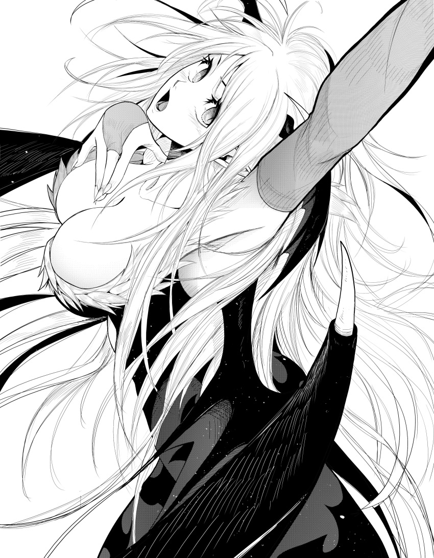 1girl absurdres animal_print arm_up armpits bat_print black_leotard blush breasts bridal_gauntlets cleavage collarbone cowboy_shot demon_girl demon_wings elbow_gloves feather_trim fingernails gloves greyscale hand_on_own_chest head_wings highres jesse_schickler large_breasts leotard long_hair looking_at_viewer monochrome morrigan_aensland open_mouth pantyhose print_pantyhose sharp_fingernails slit_pupils solo vampire_(game) white_background wings