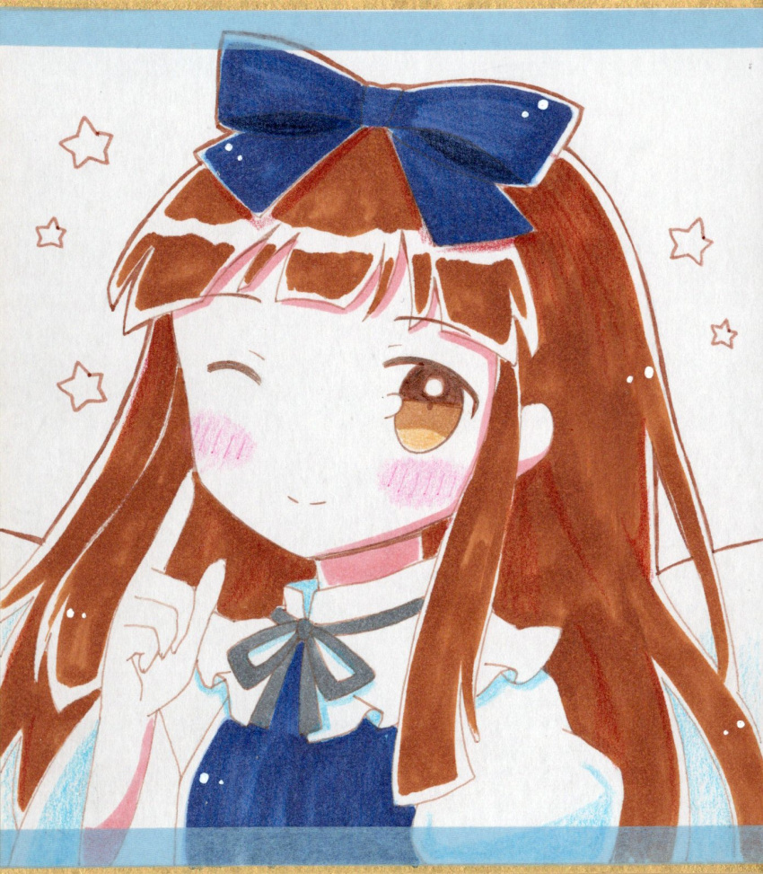 1girl ;) blue_bow blue_dress blunt_bangs bow brown_hair closed_mouth commentary_request dress ellipsis_(mitei) fairy_wings hair_bow hand_up highres index_finger_raised long_hair looking_at_viewer one_eye_closed shikishi sidelocks smile solo split_mouth star_(symbol) star_sapphire touhou traditional_media upper_body wings