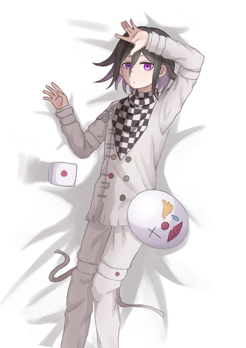 1boy absurdres arm_up buttons checkered_clothes checkered_scarf danganronpa_(series) danganronpa_v3:_killing_harmony dice double-breasted expressionless grey_jacket grey_pants hair_between_eyes hand_up highres jacket long_sleeves lying male_focus mask oma_kokichi on_back pants purple_eyes scarf solo unworn_mask wareta_ao_ringo