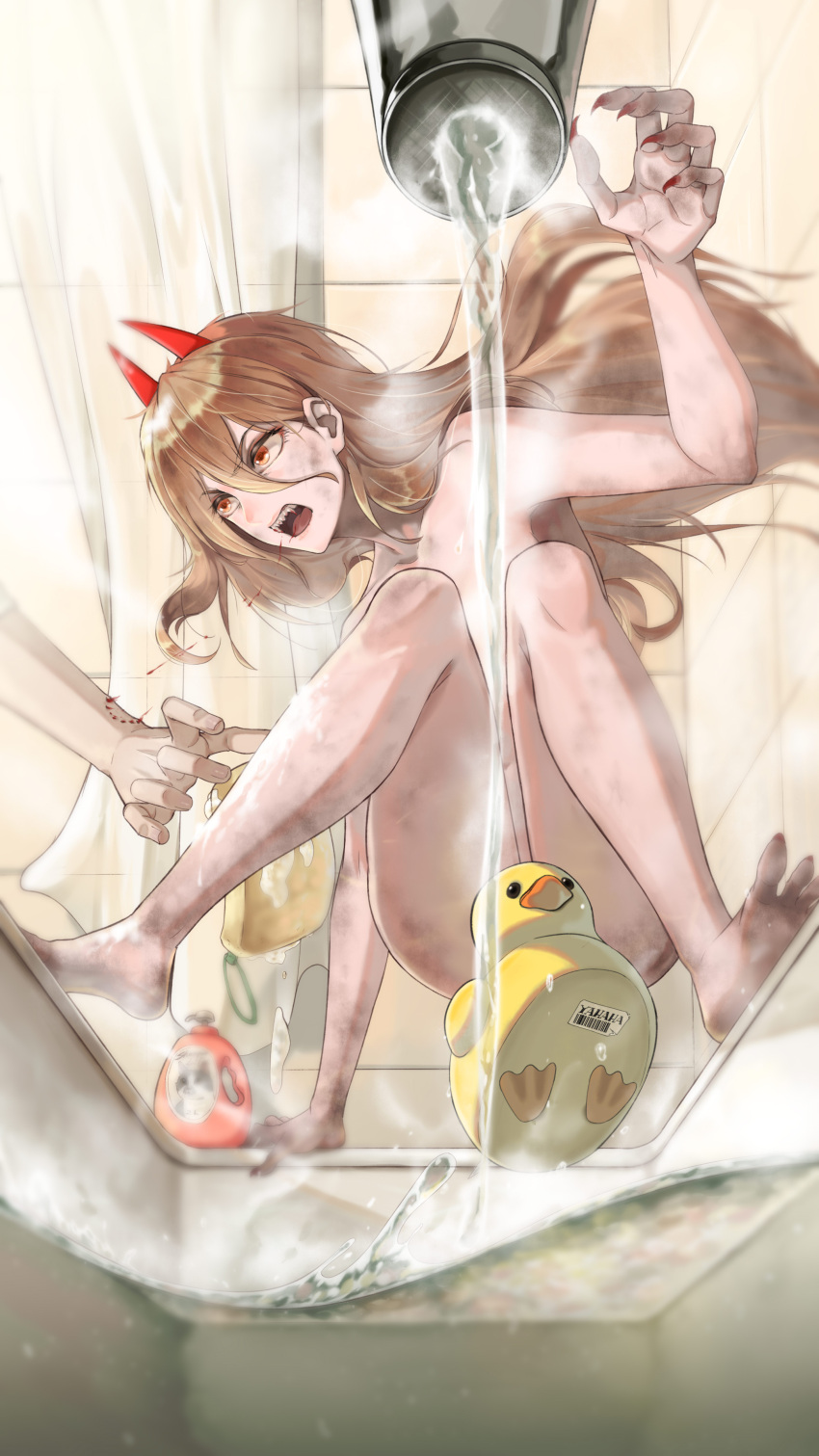 1girl absurdres bathroom bathtub bite_mark blonde_hair blood chainsaw_man completely_nude convenient_censoring dirty fangs fingernails highres horns long_hair nude orange_eyes out_of_frame power_(chainsaw_man) red_horns rubber_duck sharp_fingernails water yahaha