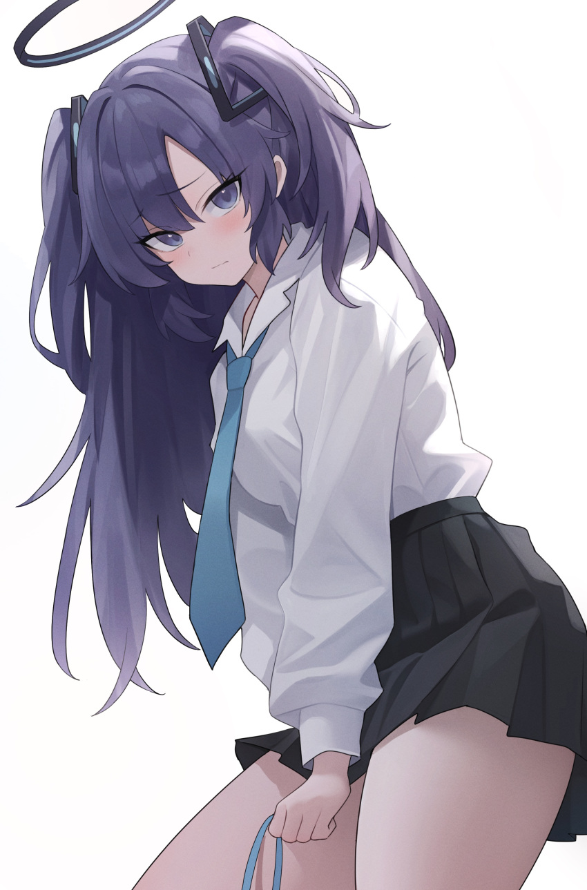 1girl absurdres black_skirt blue_archive blue_necktie blush breasts closed_mouth collared_shirt cowboy_shot halo highres long_hair looking_at_viewer mechanical_halo medium_breasts necktie pleated_skirt purple_eyes purple_hair shirt simple_background skirt solo two_side_up white_background white_shirt yuuka_(blue_archive) zeatto