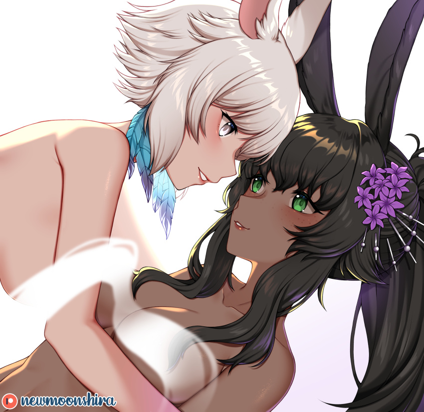 2girls absurdres animal_ears blush breasts cat_ears completely_nude convenient_censoring dark-skinned_female dark_skin eyebrows_hidden_by_hair final_fantasy final_fantasy_xiv flower freckles green_eyes hair_flower hair_ornament hands_on_another's_arms highres large_breasts lipstick long_bangs long_hair looking_at_another makeup miqo'te multiple_girls newmoonshira nude ponytail rabbit_ears short_hair signature simple_background steam steam_censor upper_body very_long_hair viera warrior_of_light_(ff14) white_eyes white_hair y'shtola_rhul yuri