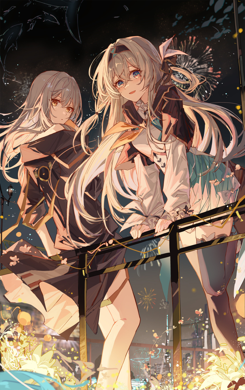 2girls absurdres against_railing black_hairband black_jacket black_thighhighs bow chestnut_mouth dress firefly_(honkai:_star_rail) fireworks floating_hair from_behind grey_hair hair_between_eyes hair_bow hairband highres honkai:_star_rail honkai_(series) jacket long_hair long_sleeves looking_at_viewer medium_hair multicolored_eyes multiple_girls night night_sky off_shoulder open_mouth outdoors parted_lips railing sky smile standing stelle_(honkai:_star_rail) thighhighs trailblazer_(honkai:_star_rail) white_dress yajuu yellow_eyes