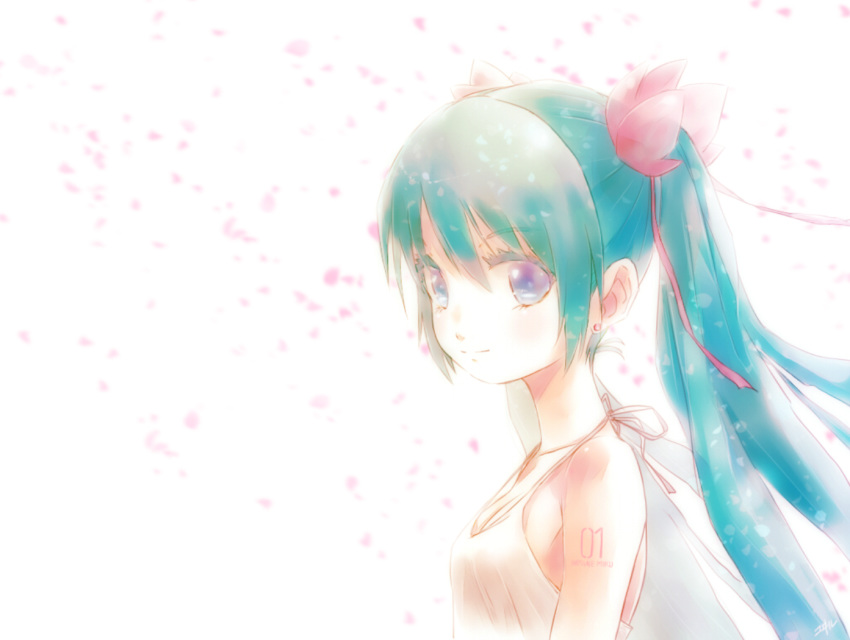 aqua_eyes aqua_hair breasts cleavage earrings hair_ornament halter_top halterneck hatsune_miku jewelry kowiru long_hair looking_at_viewer petals profile small_breasts smile solo stud_earrings tattoo twintails upper_body vocaloid wind