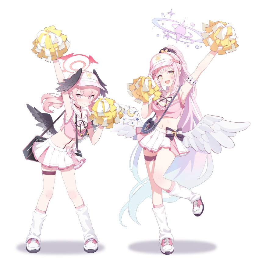 &lt;|&gt;_&lt;|&gt; 2girls absurdres alternate_costume angel_wings arm_up armpits black_scrunchie black_wings blue_archive blush breasts cheering cheerleader collarbone crescent crescent_pin facial_mark feathered_wings flat_chest full_body hair_ornament hair_scrunchie halo hat head_wings heart highres holding holding_pom_poms koharu_(blue_archive) long_hair looking_at_viewer loose_socks medium_breasts mika_(blue_archive) misyune multiple_girls navel open_mouth pink_eyes pink_footwear pink_hair pink_halo pleated_skirt pom_pom_(cheerleading) ponytail scrunchie shoes simple_background skirt smile socks twintails white_background white_footwear white_headwear white_skirt white_socks white_wings wings x_hair_ornament yellow_eyes