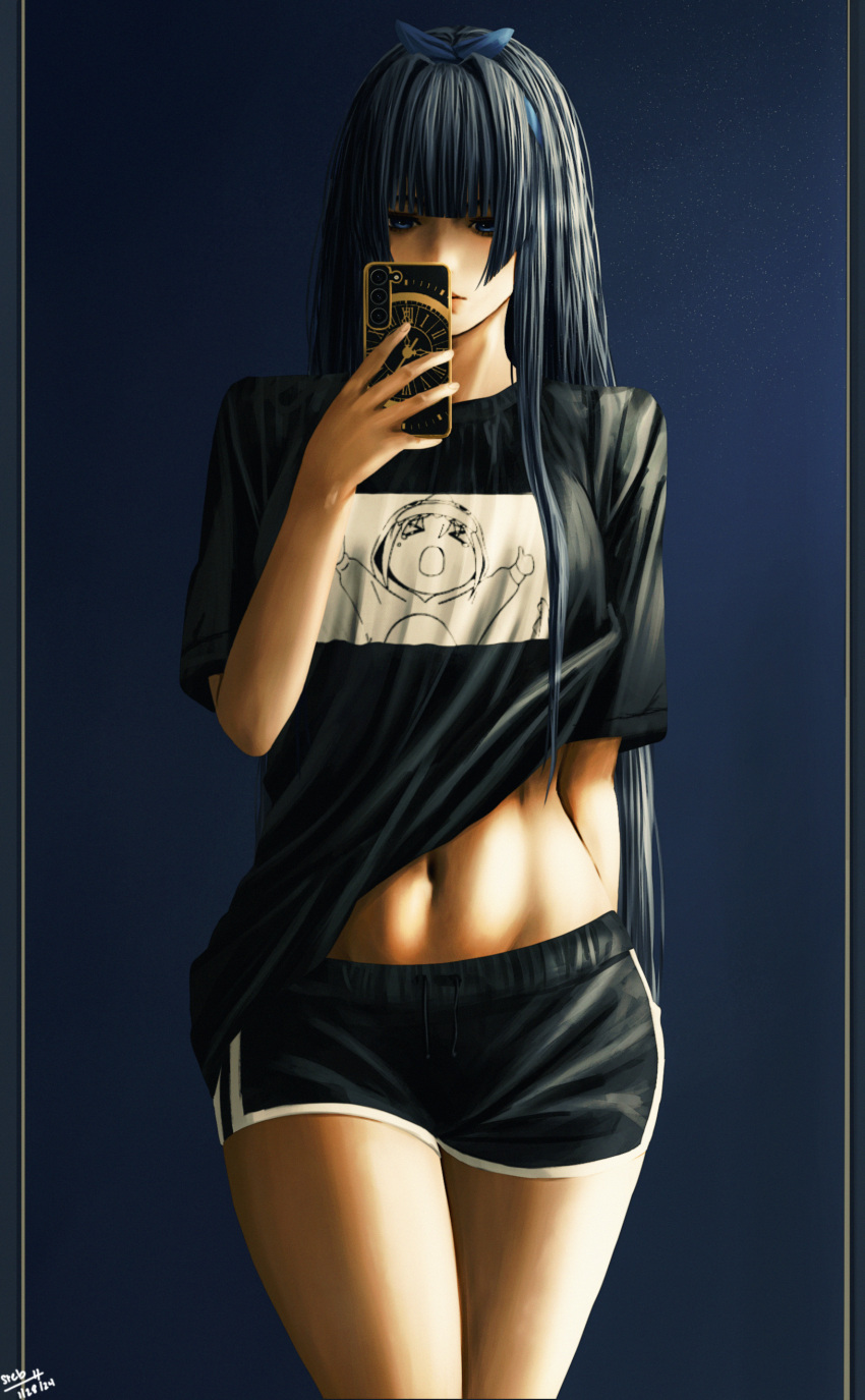 1girl absurdres alternate_costume black_hair black_pajamas black_shirt black_shorts blue_background blue_eyes bow breasts cellphone clock_print hair_bow highres holding holding_phone holocouncil hololive hololive_english large_breasts legs_together long_hair navel ouro_kronii pajamas phone print_shirt selfie shirt short_shorts shorts steb t-shirt virtual_youtuber