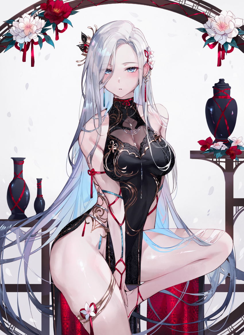 1girl absurdres bare_shoulders blue_eyes blush collarbone earrings flower genshin_impact grey_hair hair_ornament highres jewelry long_hair looking_at_viewer parted_lips pelvic_curtain qiandaiyiyu shenhe_(frostflower_dew)_(genshin_impact) shenhe_(genshin_impact) solo thighs vase