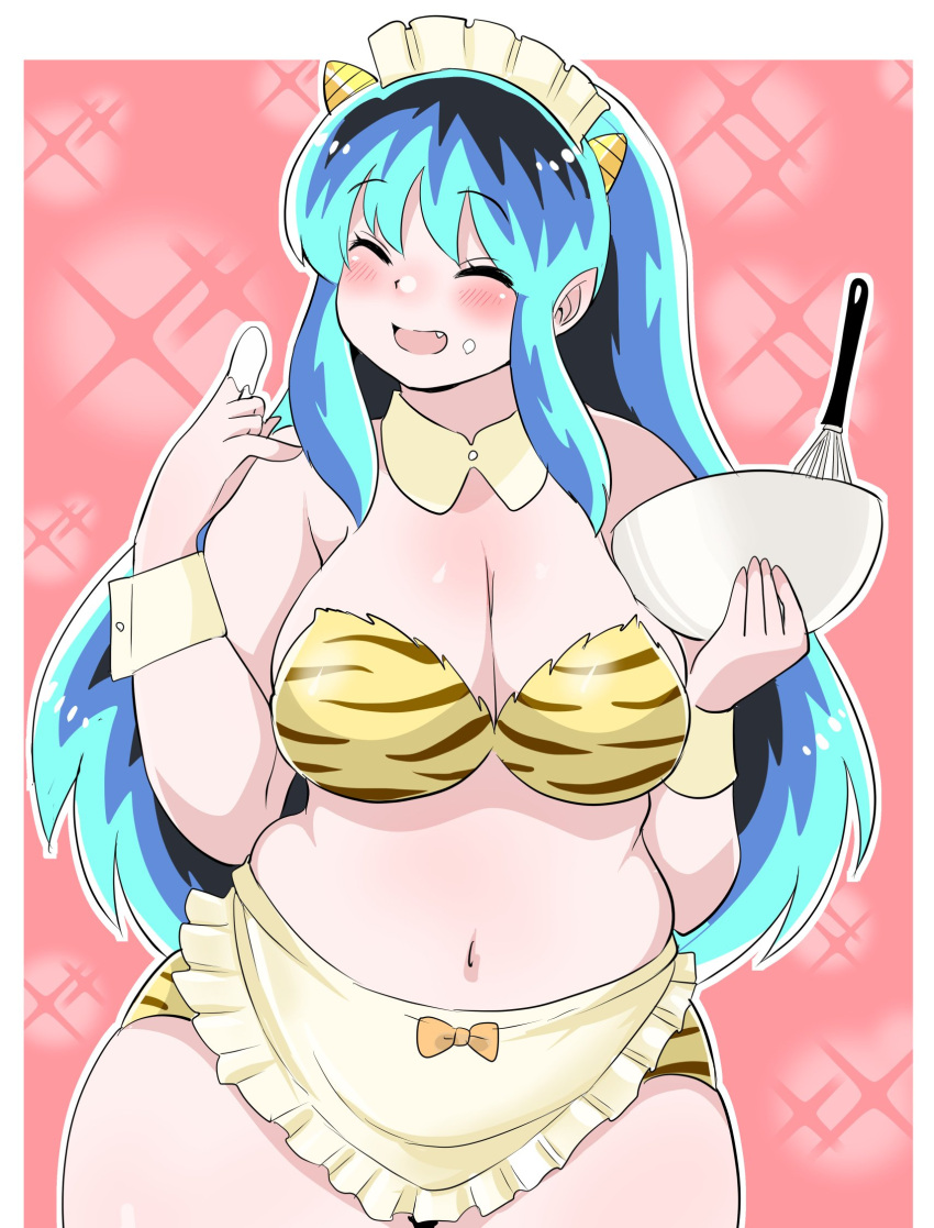 1girl ^_^ alien apron bare_shoulders batter bikini blue_hair blush bow bowl bowtie breasts cake_batter closed_eyes collar commentary_request fang fang_out food_in_mouth happy highres holding holding_bowl horns index_finger_raised large_breasts lum maid maid_apron maid_headdress multicolored_hair oni plump pointy_ears simple_background skindentation solo sparkle_background strapless striped_bikini striped_clothes swimsuit toyishiki_shizuoka tube_top unconventional_maid urusei_yatsura wrist_cuffs