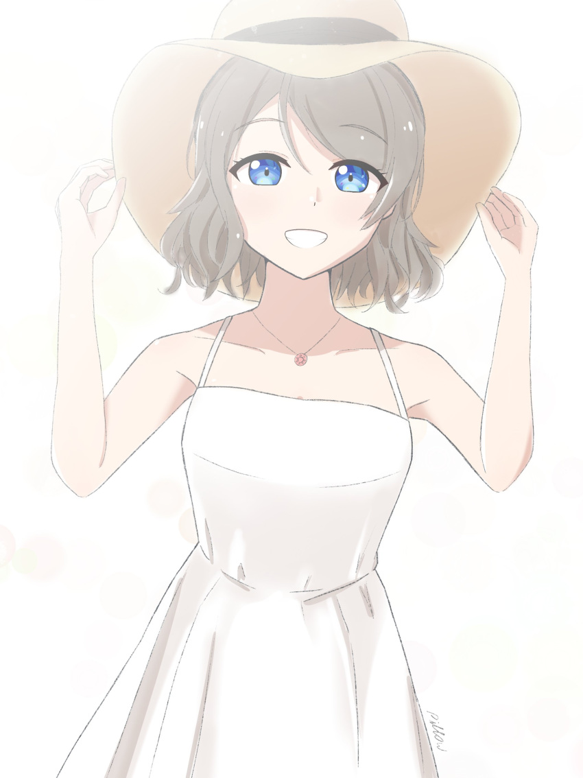 1girl absurdres blue_eyes brown_hair dress hat highres jewelry looking_at_viewer love_live! love_live!_sunshine!! makuraapillow necklace short_hair simple_background smile solo sun_hat sundress watanabe_you wavy_hair white_background