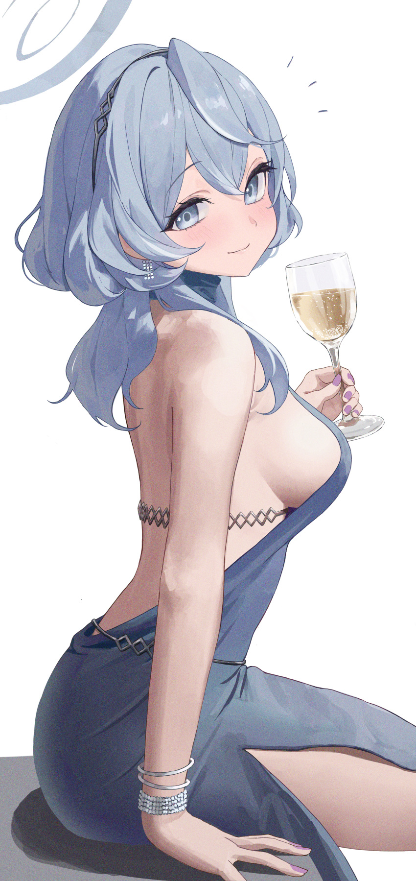 1girl absurdres ako_(blue_archive) ako_(dress)_(blue_archive) arm_support backless_dress backless_outfit bare_shoulders blue_archive blue_dress blue_eyes blue_hair blue_halo blush breasts closed_mouth commentary cup dress drinking_glass fingernails hair_between_eyes hairband halo highres holding holding_cup hoshinopurin large_breasts looking_at_viewer medium_hair nail_polish official_alternate_costume purple_nails revision side_slit sideboob simple_background sitting sitting_on_object sleeveless sleeveless_dress smile solo white_background wristband