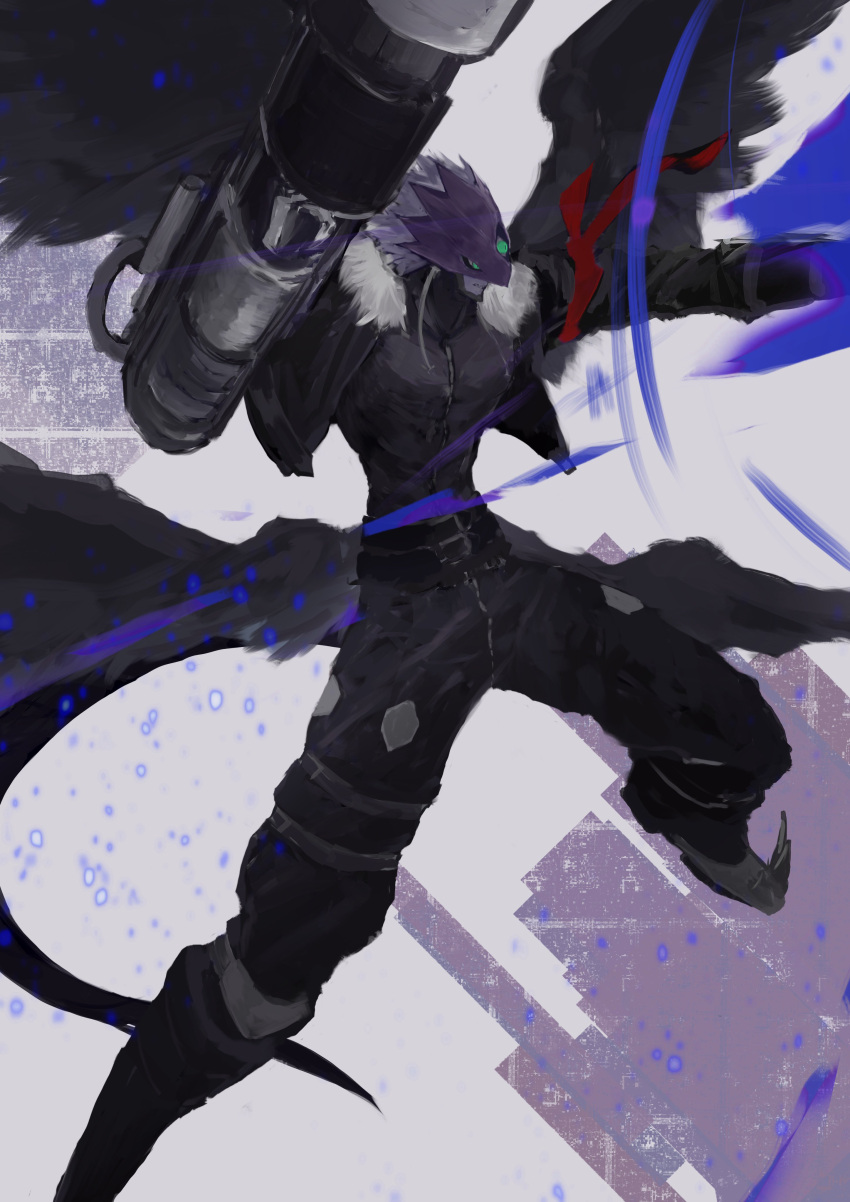 1boy absurdres arm_cannon bandana_around_arm beelzebumon_blast_mode black_footwear black_pants boots colored_skin cropped_jacket digimon digimon_(creature) eye_mask fur-trimmed_jacket fur_trim green_eyes grey_hair grey_skin highres jacket name_e04 pants solo third_eye weapon wings