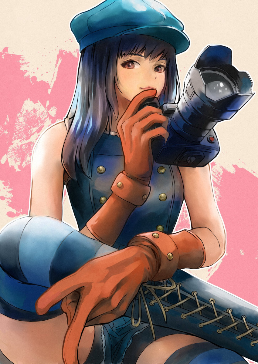 1girl bare_shoulders bike_shorts bike_shorts_under_shorts black_hair breasts brown_hair buttons cabbie_hat camera closed_mouth cowboy_shot crossed_legs denim denim_shorts double-breasted final_fantasy final_fantasy_vii final_fantasy_vii_remake gloves grey_vest hat highres holding holding_camera kyrie_canaan long_hair looking_at_viewer medium_breasts orange_gloves pulupulupoodle shorts sitting smile solo striped_clothes striped_thighhighs thighhighs thighs vest