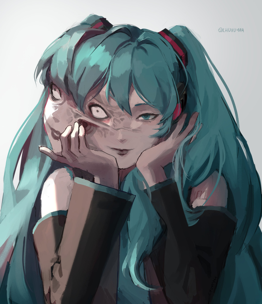 1girl absurdres aqua_eyes aqua_hair aqua_necktie artist_name bare_shoulders black_sleeves body_horror chuvuyaa closed_mouth commentary detached_sleeves extra_faces grey_shirt hair_over_shoulder hands_on_own_face hands_up hatsune_miku head_rest highres light_smile looking_at_viewer looking_to_the_side multiple_heads necktie parody shirt sideways_glance simple_background smile solo tomie twintails upper_body vocaloid white_background