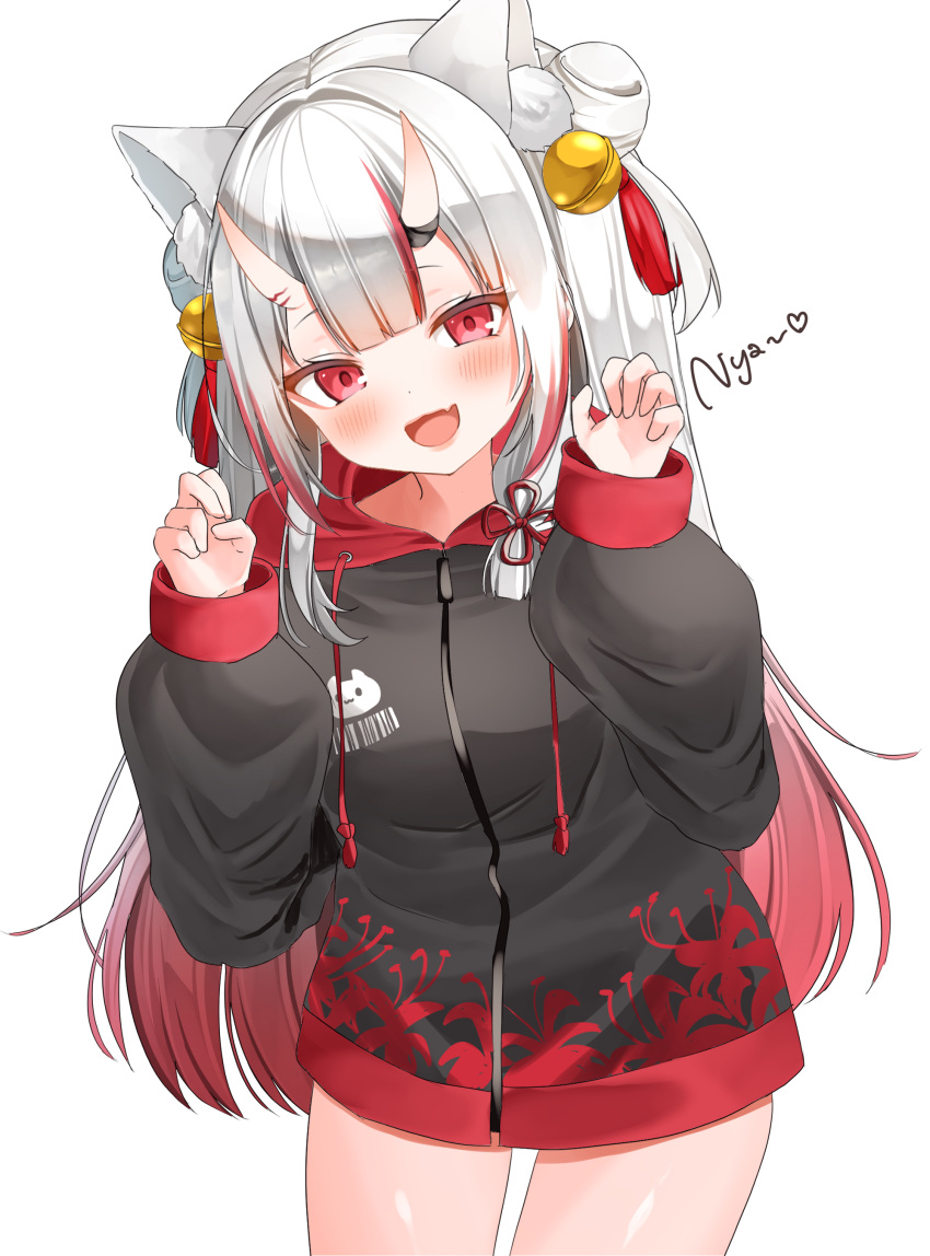 1girl absurdres animal_ears bell blush cat_ears double_bun extra_ears fang gradient_hair grey_hair hair_bell hair_between_horns hair_bun hair_ornament highres hololive hood hood_down hooded_jacket horns jacket jingle_bell long_hair looking_at_viewer multicolored_hair nakiri_ayame ohagetty open_mouth paw_pose red_eyes red_hair skin-covered_horns skin_fang solo streaked_hair virtual_youtuber white_background zipper_pull_tab